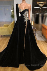 Beading Sweetheart A-line Black Semi Formal Prom Dresses With One Sleeve